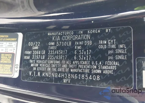 2022 Kia Carnival Mpv Lx z USA, uszkodzony, nr VIN KNDNB4H38N6185408